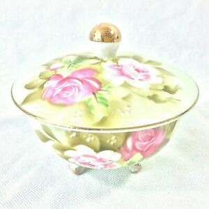 【送料無料】キッチン用品・食器・調理器具・陶器 レフトンチャイナグリーンヘリテージキャベツローズラウンドキャンディボックス蓋足LEFTON CHINA GREEN HERITAGE CABBAGE ROSE ROUND CANDY BOX LID TRI FOOTED #4053|hokushin