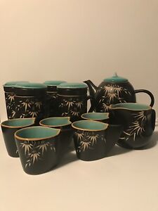 【送料無料】キッチン用品・食器・調理器具・陶器　ティーセットアジア竹デザインダークブラウンインフューザー、ターコイズリッドインテリアTea Set Asian Bamboo Design Dark Brown with Infusers, Turquoise Lids &amp; Inter｜hokushin