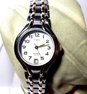 【送料無料】vtg ladies timex indiglo wr50m brushed ss gold trim y2 date calendar 2nd hand