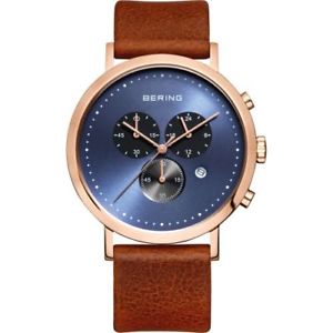 【送料無料】bering mens chrono rose gold tone stainless steel brown leather watch 10540467|hokushin