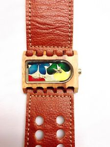 【送料無料】wooden watch mistura handmade ferro design brown leather multicolor flowers