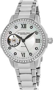 【送料無料】stuhrling 49101 womens mother of pearl crystal bezel automatic skeleton watch