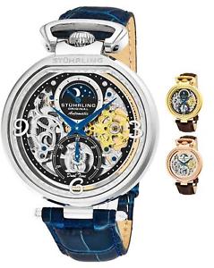 【送料無料】stuhrling 889 mens luxury ampm sun moon dual time skeleton automatic watch