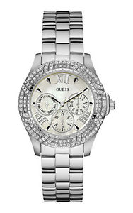 【送料無料】guess w0632l1 damenuhr edelstahl multifunktion mit weien steinen neu