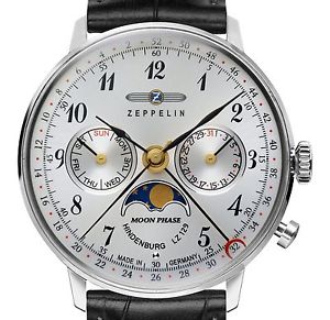 【送料無料】zeppelin 70371 hindenburg lz129 silber stahl 36mm mondphase tag datum woche neu 56,988円
