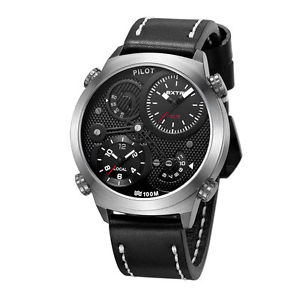 【貨物輸送無料】extri pilot acciaio inox quarzo fuso orario datario nero pelle orologio uomo