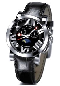 【貨物輸送無料】locman toscano chrono amp; moon orologio インチ pelle nero con fasi lunari e cronografo