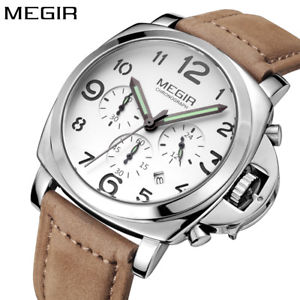 【貨物輸送無料】megir luxury quartz watches men sports leather chronograph silver gifts for him