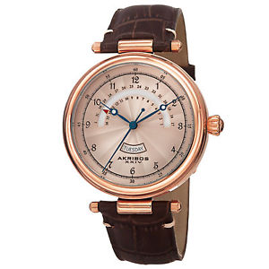 【送料無料】 mens akribos xxiv ak795rg rosetone quartz retrograde date leather watch