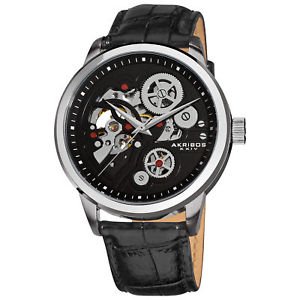 【送料無料】mens akribos xxiv ak538bk silvertone automatic skeleton leather strap watch 19,485円