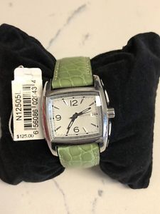 【送料無料】nautica green leather strap watch n12505l