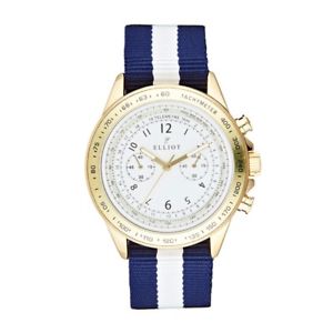 【送料無料】elliot white and navy striped nylon watch with gold stainless steel case and｜hokushin