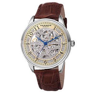 【送料無料】mens akribos xxiv ak807br silvertone automatic skeleton brown leather watch|hokushin