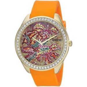【送料無料】guess womens crystals orange silicone strap 45mm watch u0960l2 brand｜hokushin