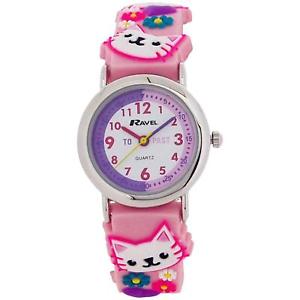 【送料無料】ravel time teacher girls 3d kitten pink rubber strap watch telling time award|hokushin