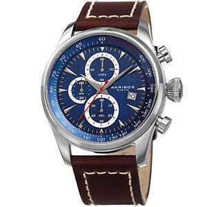 【送料無料】mens akribos xxiv ak915bu chronograph brown leather with white stitching watch｜hokushin