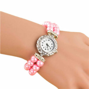 elegant pink  czech glass pearl strand beaded wrist watch