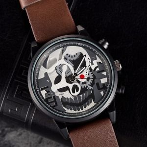【貨物輸送無料】orologio 地方検事 polso uomo quarzo data skull design y007 casual cinturino marron lac 男女兼用腕時計-腕時計