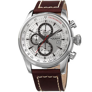 【送料無料】mens akribos xxiv ak915ss chronograph brown leather with white stitching watch｜hokushin