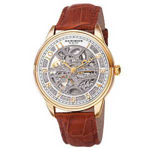 【送料無料】mens akribos xxiv ak807yg goldtone automatic skeleton brown leather watch｜hokushin
