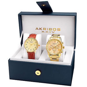 【送料無料】mens akribos xxiv ak884yg casual goldtone bracelet and leather strap watch set｜hokushin