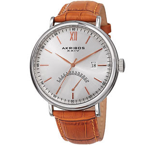 【送料無料】 mens akribos xxiv ak845ssbr silvertone retrograde gmt leather strap watch|hokushin