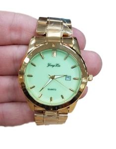 【貨物輸送無料】orologio polso uomo analogico quarzo datario elegante dorato quad verde lac 男女兼用腕時計-腕時計