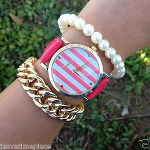 【貨物輸送無料】womens casual fashion pop dark pink sailor pattern cute round fancy wrist watch 腕時計-男女兼用腕時計