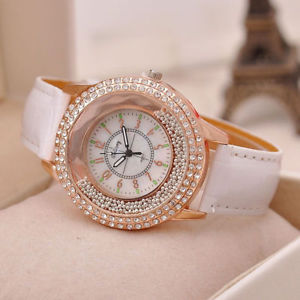 【貨物輸送無料】montre blanche neuve bracelet cuir femme fantaisie strass 男女兼用腕時計-腕時計