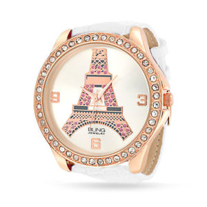 【送料無料】white leather womens rose gold plated pink eiffel tower watch|hokushin