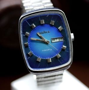 【送料無料】vintage russian ussr quartz resonator blue mens big watch chayka chaika 3050