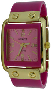 【送料無料】ladies geneva square acrylic bracelet fashion watch hot pink|hokushin