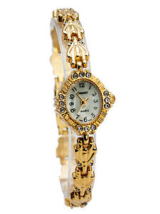 【送料無料】cassantwomens gold finish  rhinestones oval case  links analoge watch