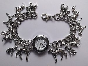 【送料無料】handmade silver dog charm bracelet watch with 12 charms 20cm long b|hokushin