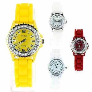 【送料無料】geneva womens silicone round rhinestone bezel pop color small wrist watch｜hokushin