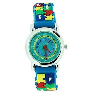 【送料無料】citron analogue girls boys time teacher jigsaw blue silicone strap watch kid46|hokushin