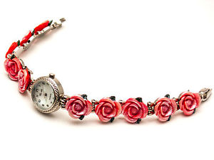 【送料無料】womens antique silver finish round case rose flowers links analog quartz watch｜hokushin