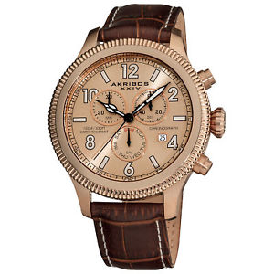 【送料無料】 mens akribos xxiv ak575br swiss chronograph daydate brown leather watch｜hokushin