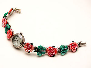 【貨物輸送無料】womens antique silver finish  rosesbutterfly links case analog quartz watch 腕時計-男女兼用腕時計