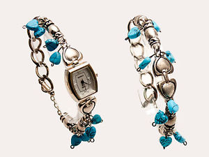 【送料無料】genevawomens silver finish turquoise heart hinging bracelet analog watch set