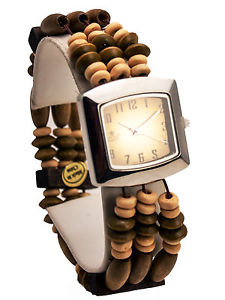 【送料無料】cannaswomens antique look wood streach beads links analog quartz square watch｜hokushin