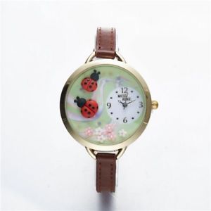 【送料無料】ladybug watch kids girl brown thin leather strap quartz wristwatches round alloy