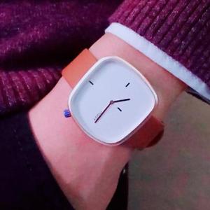 【送料無料】rectangle orange white leather wristwatch mens fashion quartz analogue watches