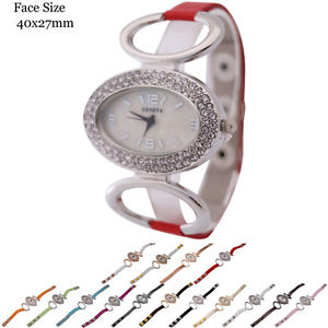 【送料無料】ladies geneva oval shape 2 row cz genuine leather fashion watch 40x27mm