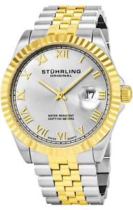【送料無料】stuhrling 599g mens two tone stainless steel swiss quartz link bracelet watch｜hokushin