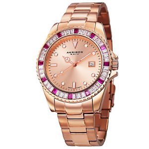 【送料無料】 womens akribos xxiv ak702rg swiss red and white crystal bezel date watch