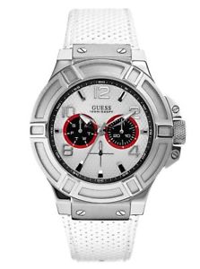 【送料無料】nwt mens guess white genuine perforated leather strap chronograph watch u0451g1