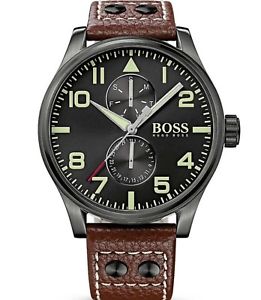 【貨物輸送無料】hugo boss ヘモグロビン1513079 chronograph brown leather strap aeroliner mens wrist watch