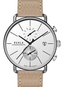【貨物輸送無料】ruhla herrenuhr analog quarz chronograph edelstahl silber leder hellbraun 42粍