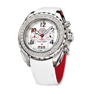 【送料無料】emas paparazzi quarzo acciaio bianco brillanti cronografo donna pelle orologio｜hokushin